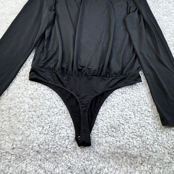 Express Black Satin Draped V-Neck Faux Wrap Thong Bodysuit NEW - Picture 9 of 10